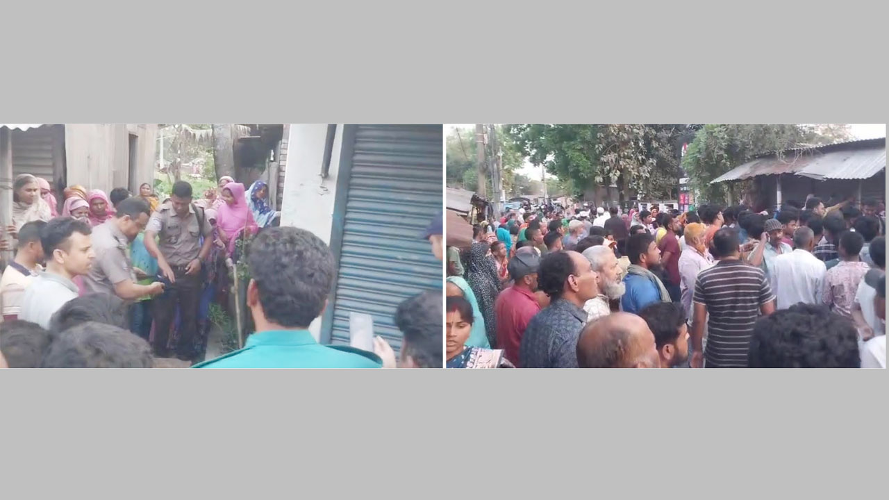লাশ উদ্ধারে ঘটনাস্থলে পুলিশ, (ডানে) স্থানীয় জনতার ভিড়