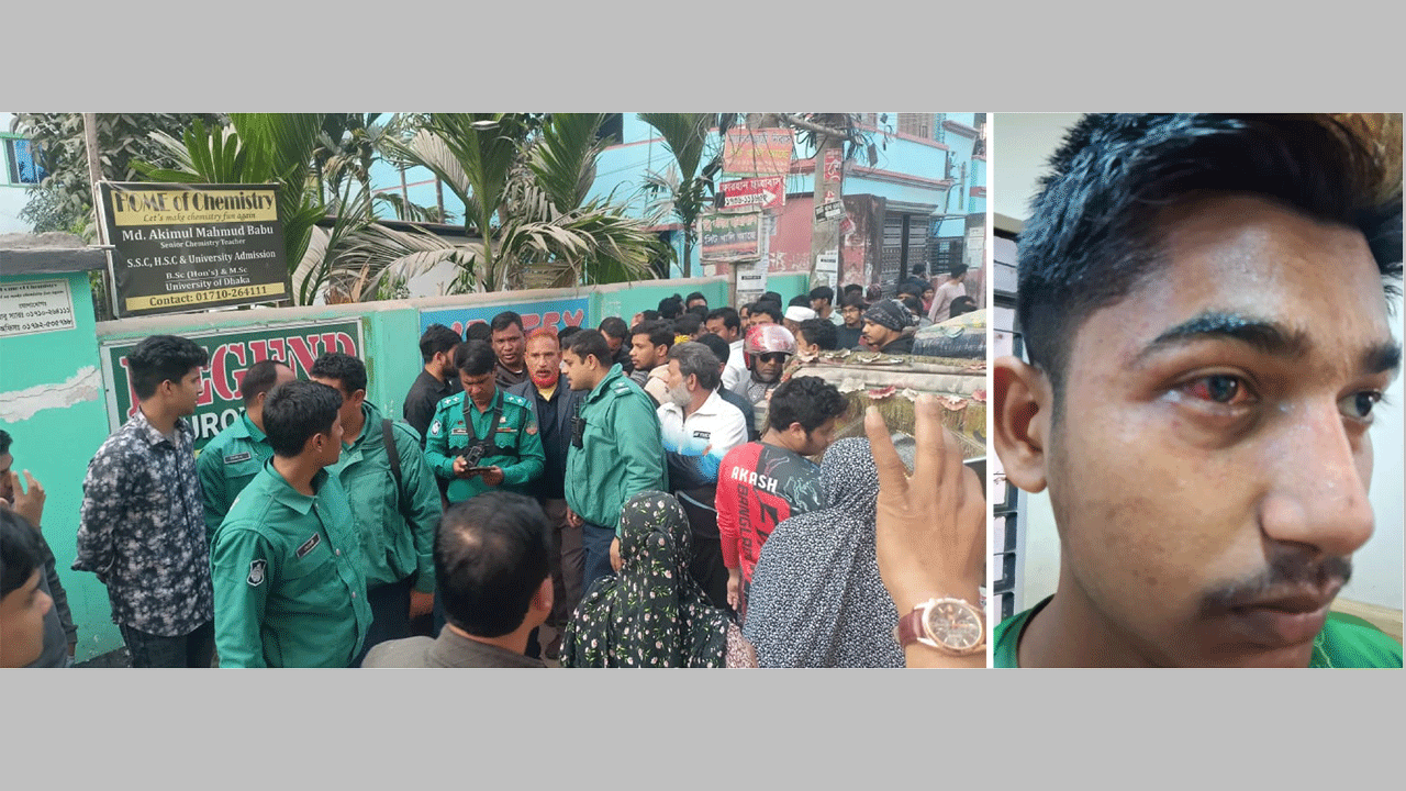 ঘটনাস্থলে পুলিশের উপস্থিতি, (ডানে) আহত শিক্ষার্থী