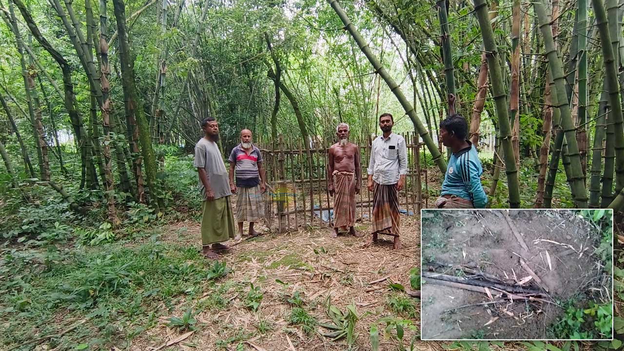 সাঘাটায় কবরস্থান পাহারা, ইনসেটে কঙ্কাল চুরি হওয়া কবর