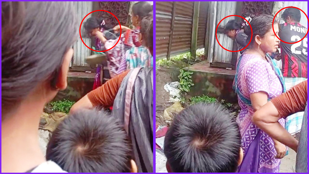 তরুণীকে জুতার মালা পড়ানো হচ্ছে, (ডানে) তরুনীর চুল কেটে দিচ্ছেন অভিযুক্ত মনির মোল্যা
