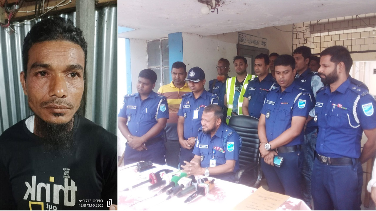 গ্রেফতার আসামি এনামুল হক, প্রেস ব্রিফিংয়ে সখীপুর থানা পুলিশ (বাঁ দিক থেকে)