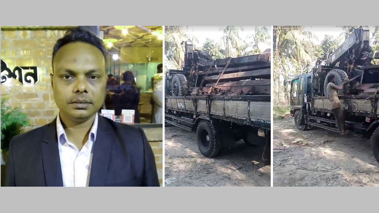 যুবদলের সদস্য সচিব ইমাম হোসেন পবির, (ডানে) ট্রাকের খণ্ডিত অংশ