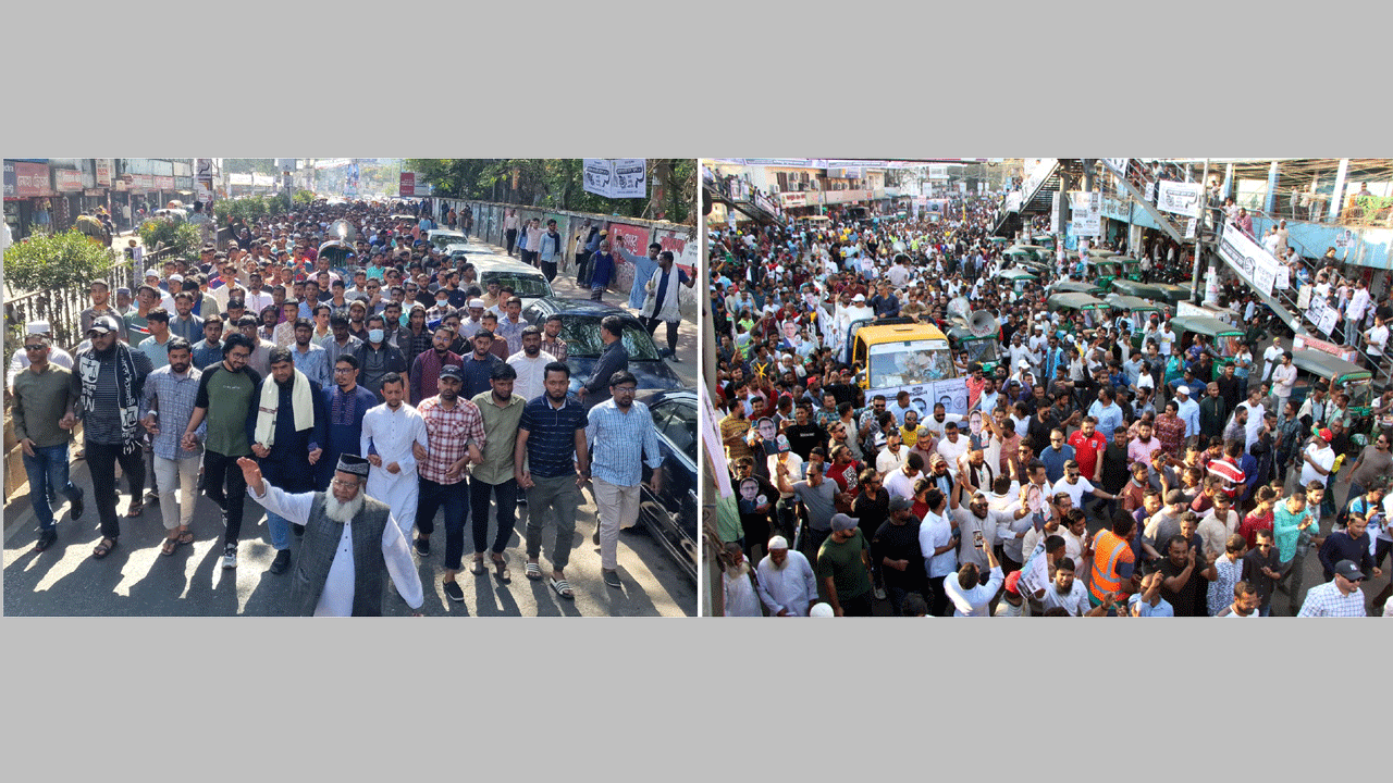 জামায়াতের নির্বাচনী প্রচারণা, (ডানে) বিএনপির নির্বাচনী প্রচারণা