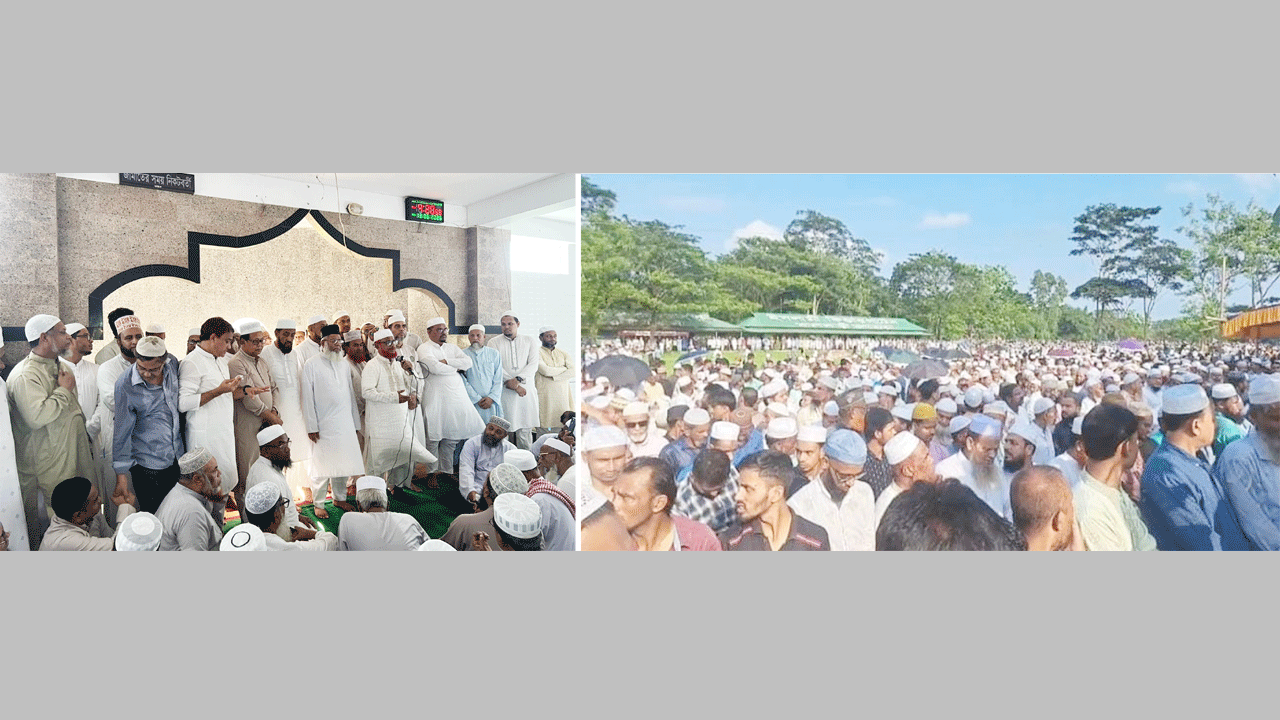 জানাজার আগে বক্তব্য রাখেন জামাতের নায়েবে আমির এ টি এম আজাহারুল ইসলাম, (ডানে) জানাজায় উপস্থিতির একাংশ