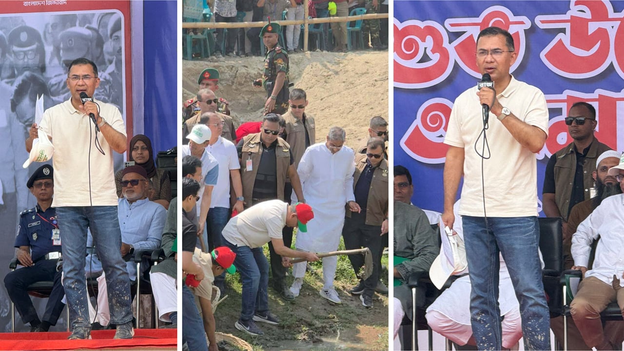 কাদামাখা জুতা ও প্যান্ট নিয়েই বক্তৃতা দিচ্ছেন প্রধানমন্ত্রী তারেক রহমান