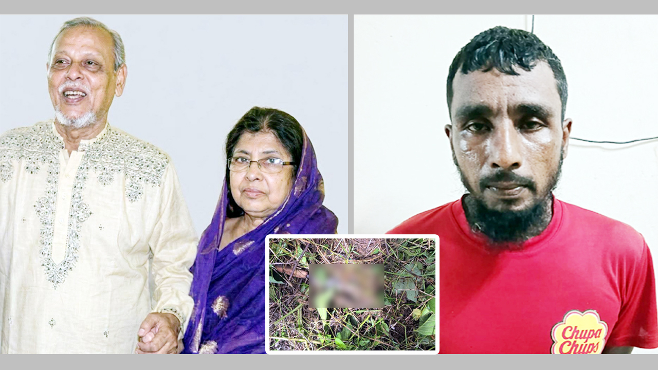 নিহত এম এ সাত্তার দম্পতি, (ডানে) আটক বাবুল মিয়া ও হত্যায় ব্যবহৃত ছোরা (ইনসেটে)