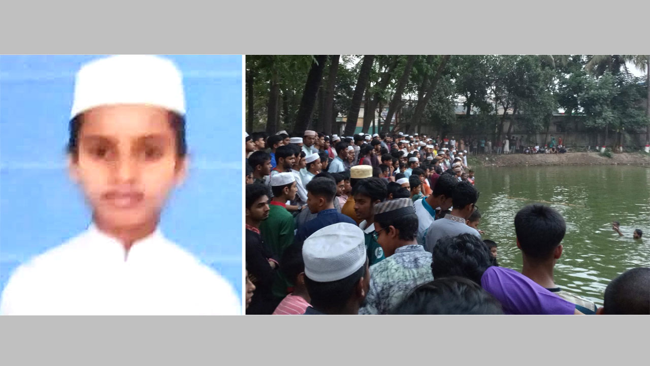 নিহত আমীর উদ্দিন গাজী, (ডানে) উদ্ধার অভিযান চলাকালীন পুকুরপাড়ে শিক্ষার্থীদের ভিড়