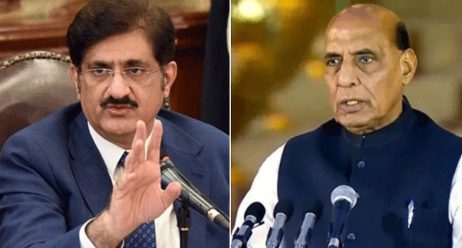 সিন্ধের মুখ্যমন্ত্রী মুরাদ আলী শাহ। ভারতীয় প্রতিরক্ষামন্ত্রী রাজনাথ সিং।