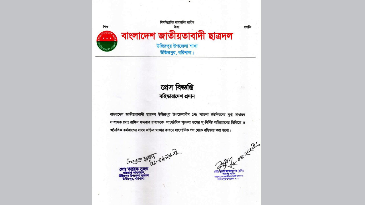 উজিরপুরে ছাত্রদল নেতা বহিষ্কার