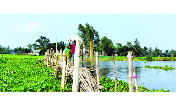 মাথায় বস্তা নিয়ে ঝুঁকিপূর্ণ বাঁশের সাঁকো পার হচ্ছেন এক যুবক। পেছনে আছেন স্থানীয়রাও : নয়া দিগন্ত