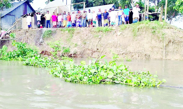 ফড়িংখালি নদীর তীরে দাঁড়িয়ে ভাঙন কবলিত পরিবারের সদস্যরা : নয়া দিগন্ত