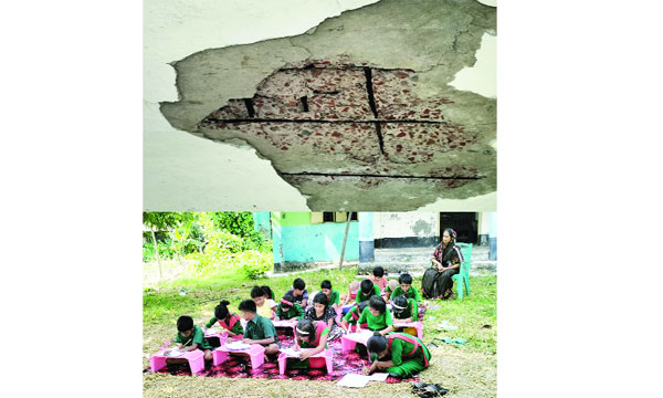 খোলামাঠে ক্লাস নেয়া হচ্ছে : নয়া দিগন্ত