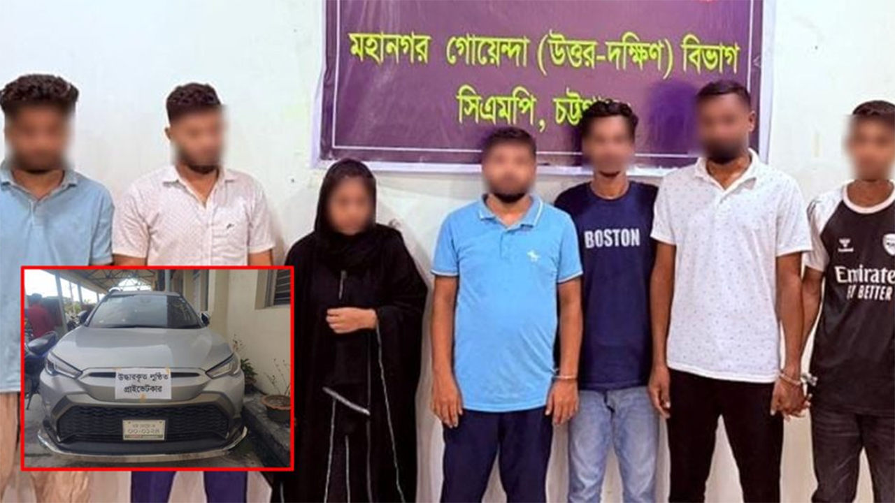 ডাকাতির মামলায় গ্রেফতারকৃতরা এবং (ইনসেটে) উদ্ধার হওয়া গাড়ি