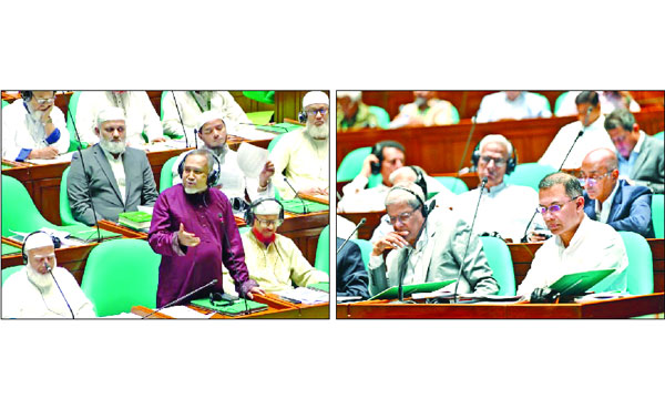 জাতীয় সংসদে বক্তব্য রাখছেন বিরোধীদলীয় উপনেতা ডা: সৈয়দ আবদুল্লাহ মো: তাহের (বামে), সরকারি দলের সারিতে প্রধানমন্ত্রী তারেক রহমান