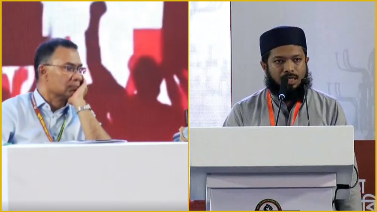 প্রধানমন্ত্রী মনোযোগ দিয়ে বক্তৃতা শুনছেন এবং কওমি ছাত্রদের জুলাই অভ্যুত্থানে ভূমিকা নিয়ে বক্তৃতা প্রদান করছেন মাওলানা জামিল সিদ্দিকী