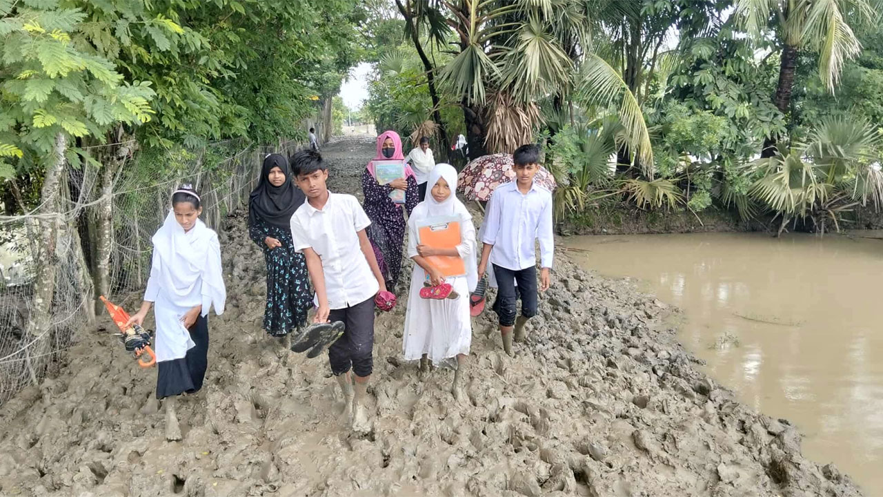হাঁটু-সমান কাদা পেরিয়ে স্কুলে যাচ্ছে শিক্ষার্থীরা