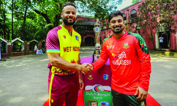 টি-২০ সিরিজের ট্রফি নিয়ে ফটোসেশনে বাংলাদেশ-ওয়েস্ট ইন্ডিজ অধিনায়ক : বিসিবি