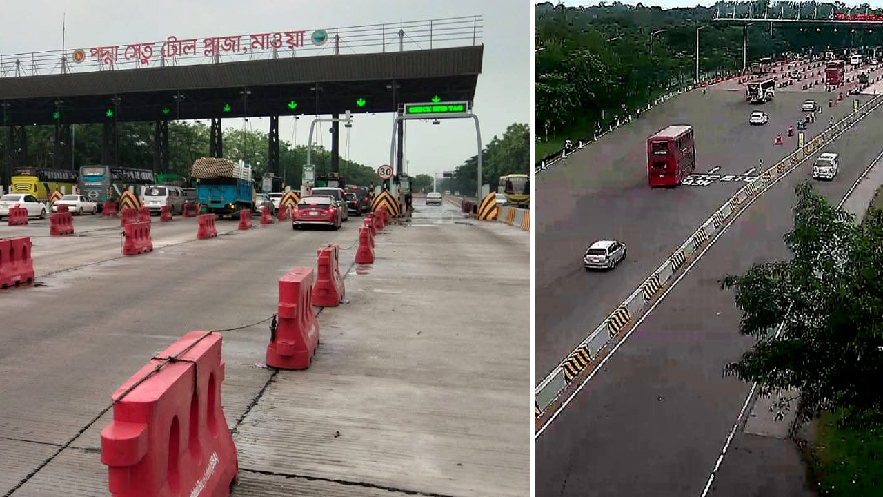 সকাল পৌণে ৮টা ও বিকেল ৪টায় মাওয়া টোলপ্লাজার দৃশ্য