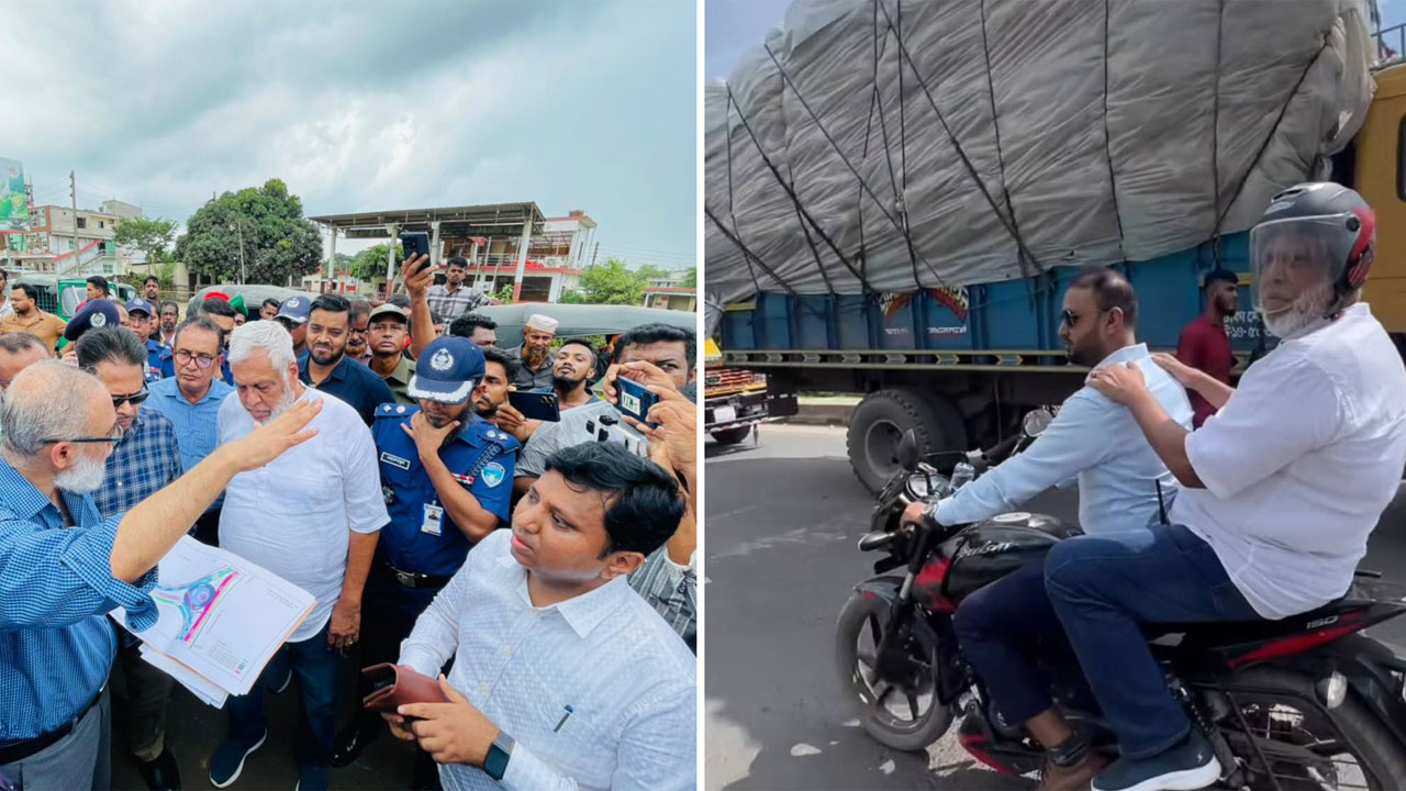 যানজটে আটকা পড়ে মোটরসাইকেলে সরাইল বিশ্বরোড পরিদর্শনে সড়ক উপদেষ্টা