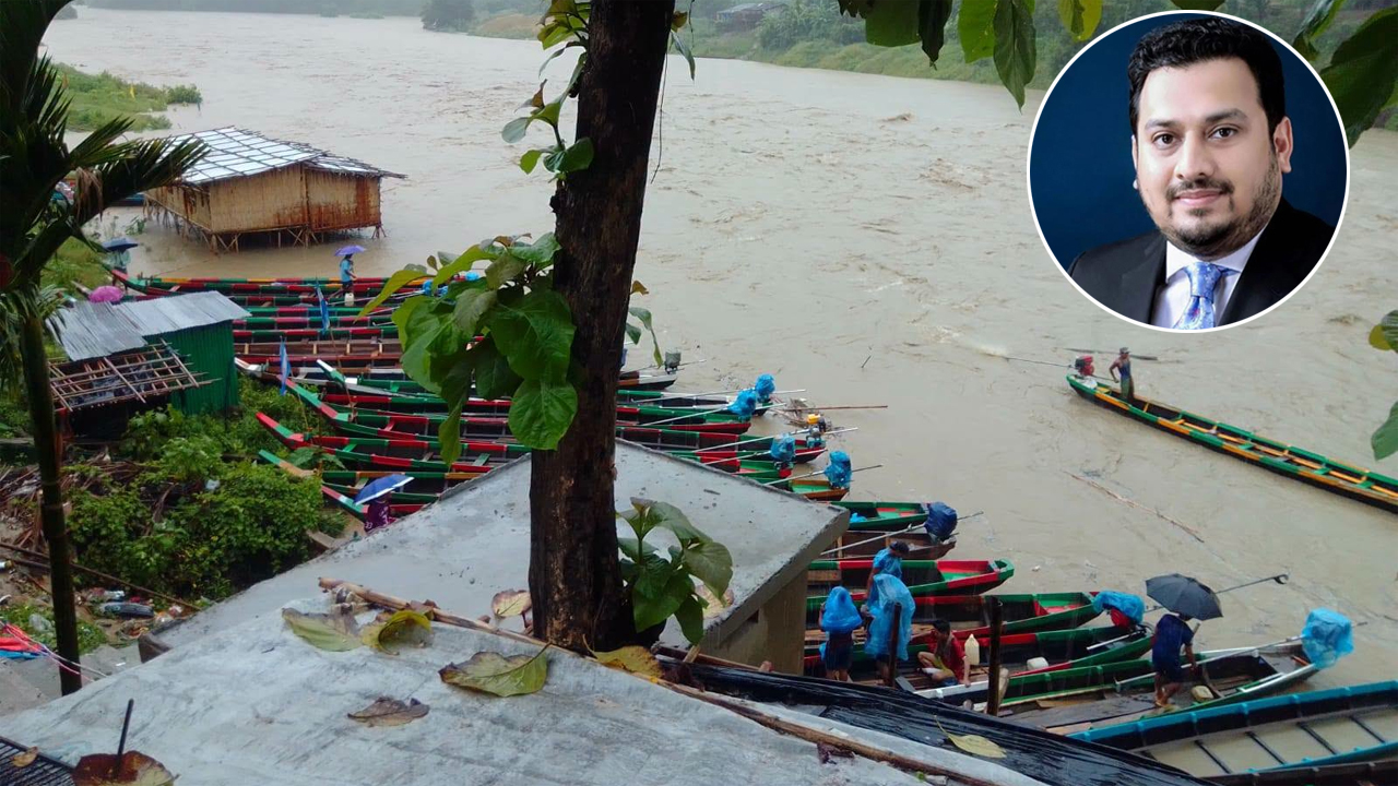 ভারী বর্ষণে পানি বেড়ে গেছে সাঙ্গু নদীর, ইনসেটে- প্রতিমন্ত্রী মীর মোহাম্মদ হেলাল উদ্দীন